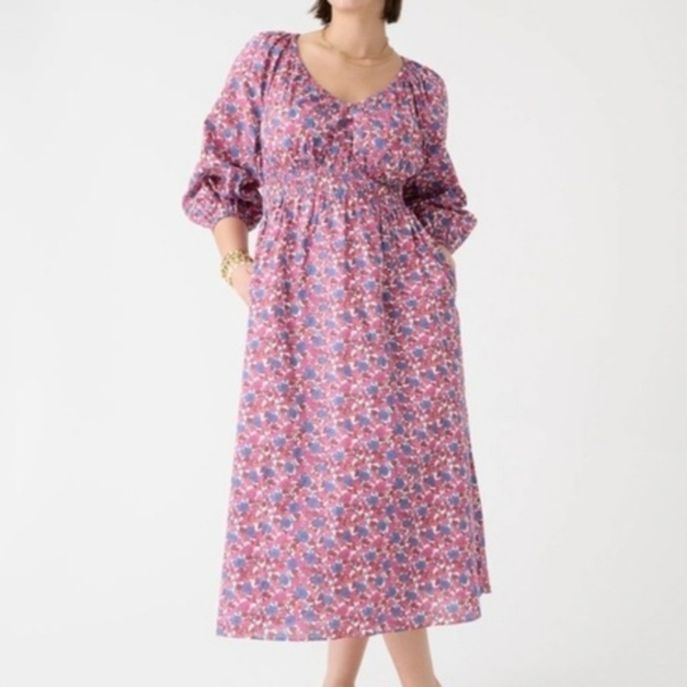 J. Crew V neck smocked poplin midi dress in berry floral